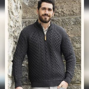 Aran IRISH half Zip All Wool Charcoal Sweater New Medium Fit